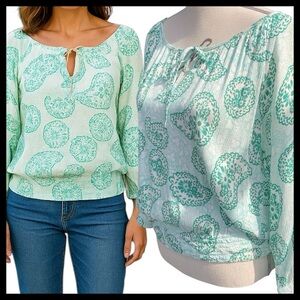 Mint Green/White Paisley Scoop Tie Neck Elasticized Waist Boho Top (M)